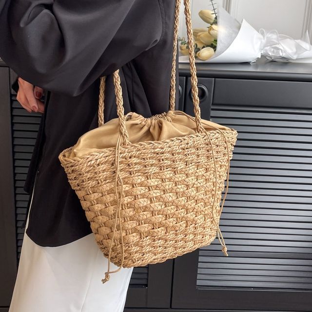 Woven Drawstring Bucket Bag SpreePicky