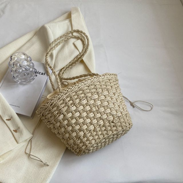 Woven Drawstring Bucket Bag SpreePicky