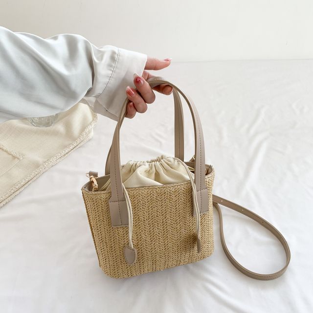 Drawstring Woven Bucket Bag SpreePicky