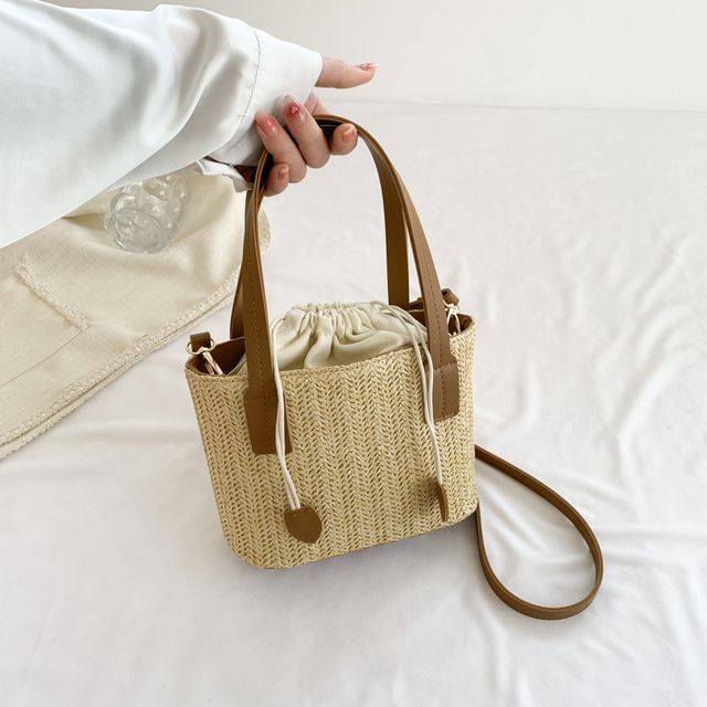 Drawstring Woven Bucket Bag SpreePicky