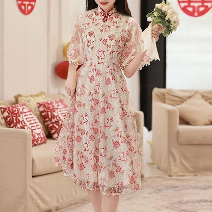 Short-Sleeve Mandarin Collar Floral Patterned Faux Pearl Midi A-Line Cocktail Dress SpreePicky