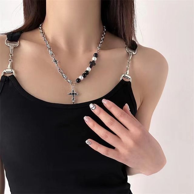 Cross Pendant Faux Pearl Alloy Necklace SpreePicky