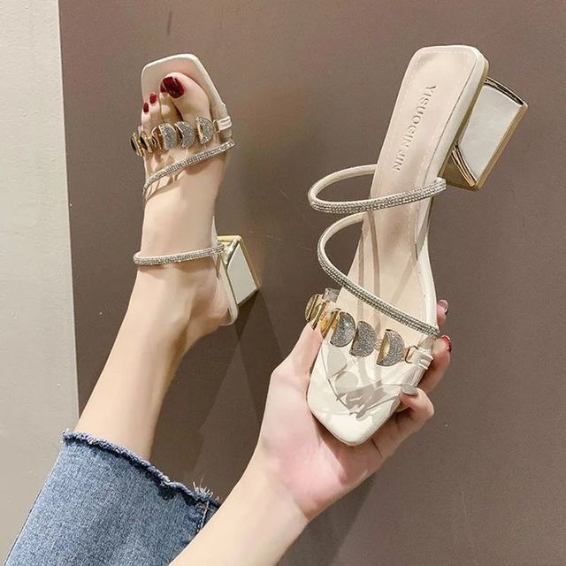 Square-Toe Block Heel Rhinestone Slide Sandals mySite