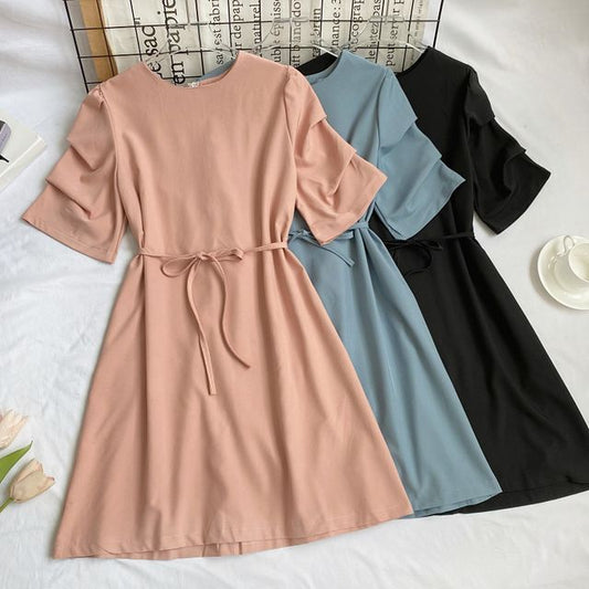 Elbow-Sleeve Crewneck Plain A-Line Dress mySite