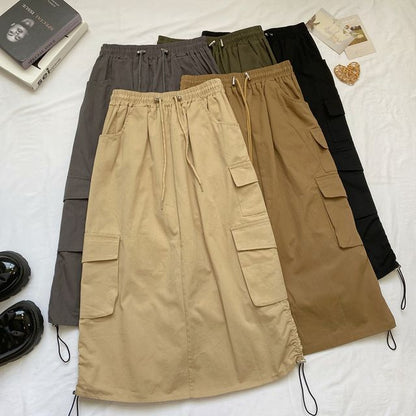 High Waist Plain Midi A-Line Cargo Skirt mySite