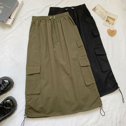 High Waist Plain Midi A-Line Cargo Skirt mySite