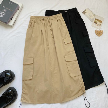 High Waist Plain Midi A-Line Cargo Skirt mySite