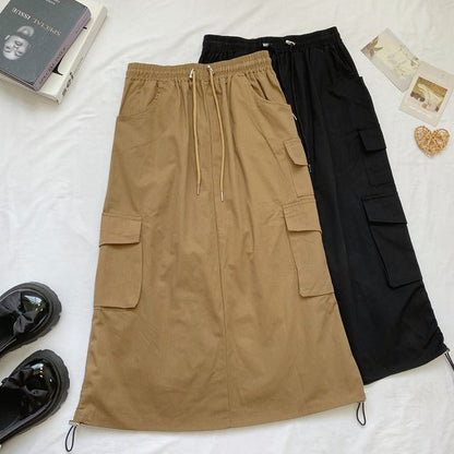 High Waist Plain Midi A-Line Cargo Skirt mySite