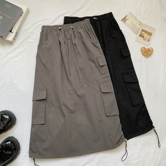 High Waist Plain Midi A-Line Cargo Skirt mySite