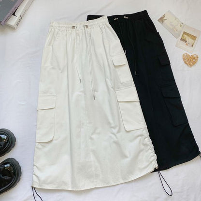 High Waist Plain Midi A-Line Cargo Skirt mySite