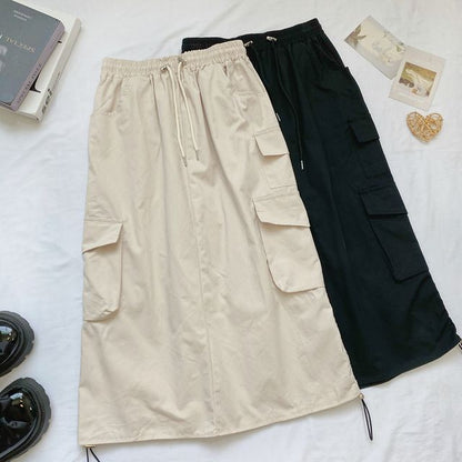 High Waist Plain Midi A-Line Cargo Skirt mySite