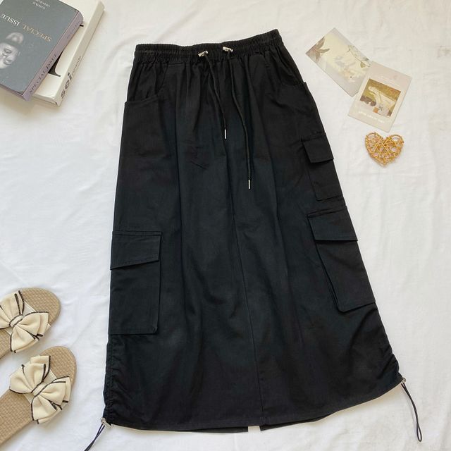 High Waist Plain Midi A-Line Cargo Skirt mySite