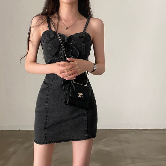 Spaghetti Strap Lace Up Mini Sheath Denim Dress mySite