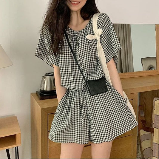 Short-Sleeve Round Neck Plaid Mock Two Piece Button Romper mySite