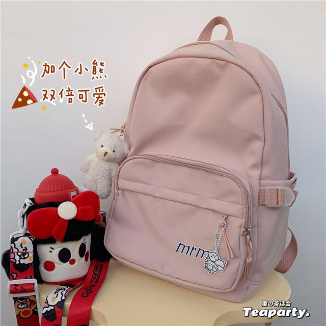 Letter Embroidered Multi-Pocket Backpack / Bag Charm / Set SpreePicky