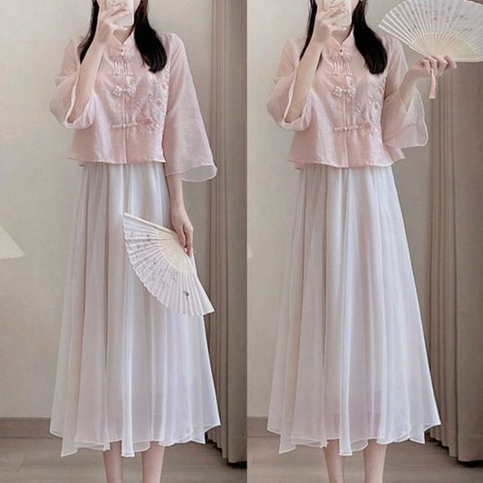 Flare-Sleeve Frog Buttoned Plain Blouse / High Waist Midi A-Line Skirt SpreePicky