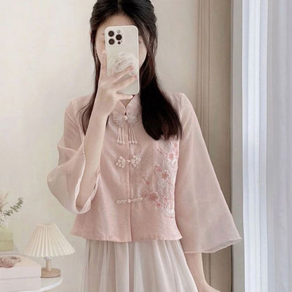 Flare-Sleeve Frog Buttoned Plain Blouse / High Waist Midi A-Line Skirt SpreePicky