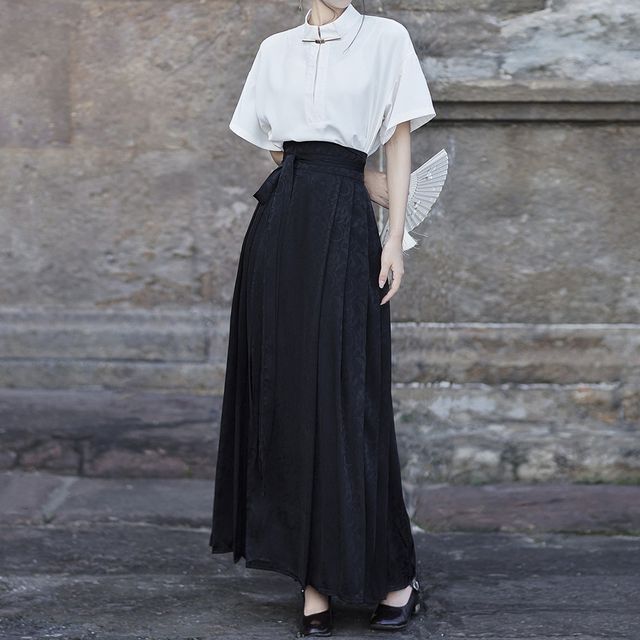 Short-Sleeve Stand Collar Plain Blouse / High Rise Maxi A-Line Skirt SpreePicky