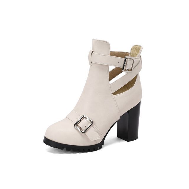 Buckled Cutout Chunky Heel Ankle Boots SpreePicky