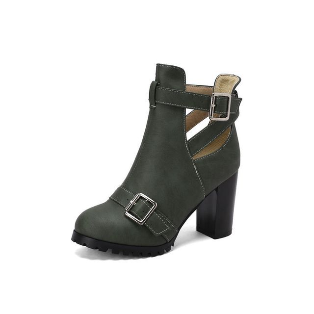 Buckled Cutout Chunky Heel Ankle Boots SpreePicky