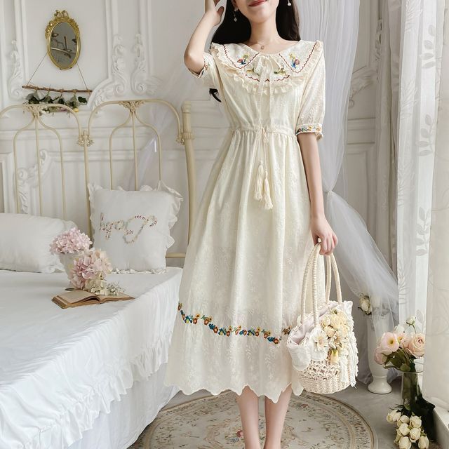 Short Sleeve Collared Floral Embroidered Bow Drawstring Waist Midi A-Line Dress mySite