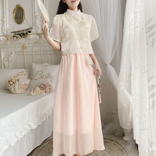 Set: Short Sleeve Mandarin Collar Floral Embroidered Blouse + High Rise Plain Maxi A-Line Skirt mySite