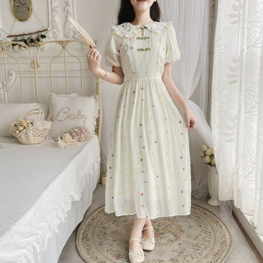 Short Sleeve Ruffle Collar Floral Embroidered Midi A-Line Dress mySite