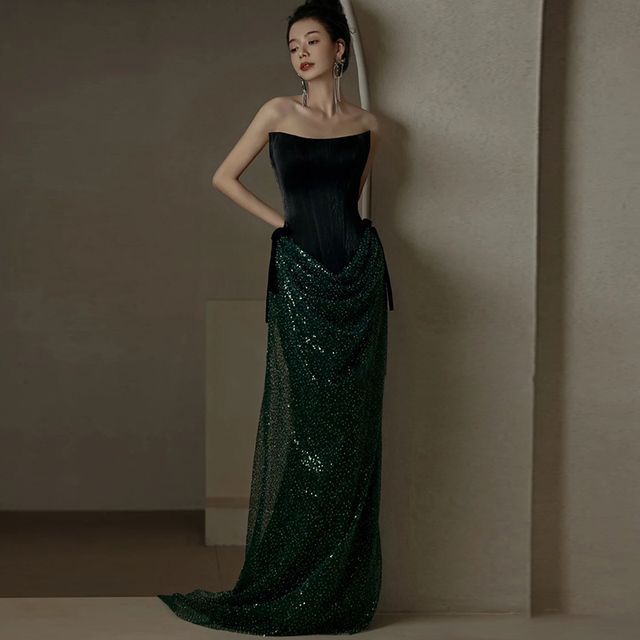 Strapless Sequin Trumpet Evening Gown SpreePicky