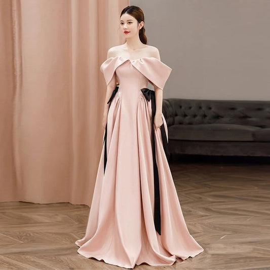 Cold-Shoulder Plain Bow A-Line Evening Gown SpreePicky