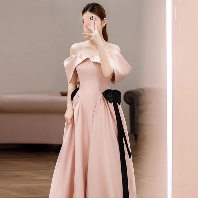 Cold-Shoulder Plain Bow A-Line Evening Gown SpreePicky