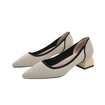 Pointed Contras Trim Chunky Heel Pumps SpreePicky