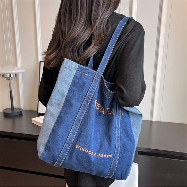 Lettering Embroidered Washed Denim Tote Bag mySite