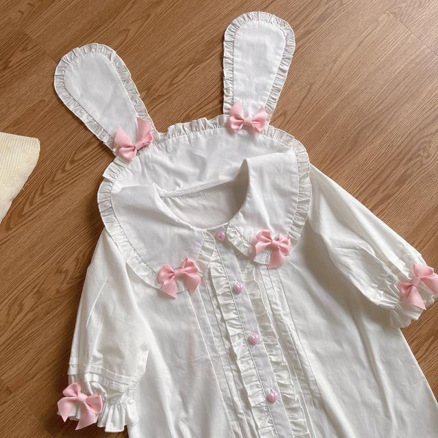 Puff-Sleeve Rabbit Ear Collar Heart Applique Gingham Ruffle Blouse SpreePicky