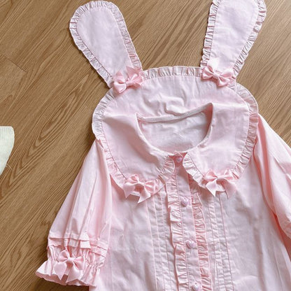 Puff-Sleeve Rabbit Ear Collar Heart Applique Gingham Ruffle Blouse SpreePicky