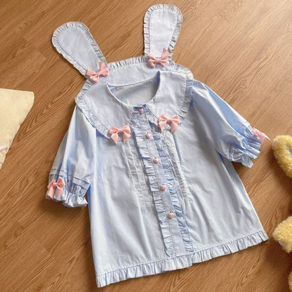 Puff-Sleeve Rabbit Ear Collar Heart Applique Gingham Ruffle Blouse SpreePicky