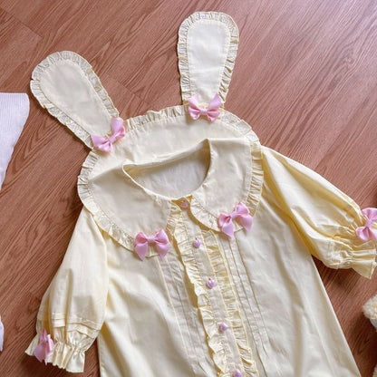 Puff-Sleeve Rabbit Ear Collar Heart Applique Gingham Ruffle Blouse SpreePicky