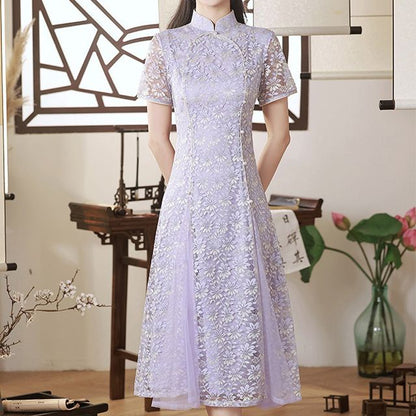 Short-Sleeve Floral Midi Qipao SpreePicky