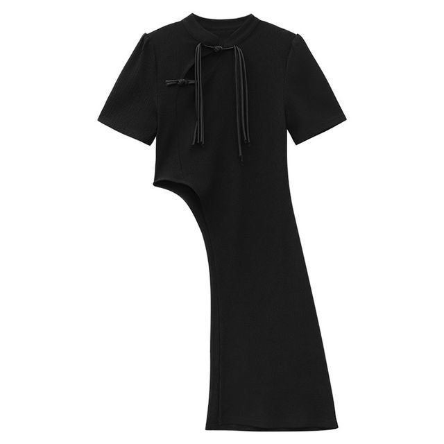 Short-Sleeve Collared Slit Long Top SpreePicky