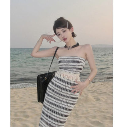 Set: Striped Tube Top + Mid Waist Maxi Pencil Skirt SpreePicky