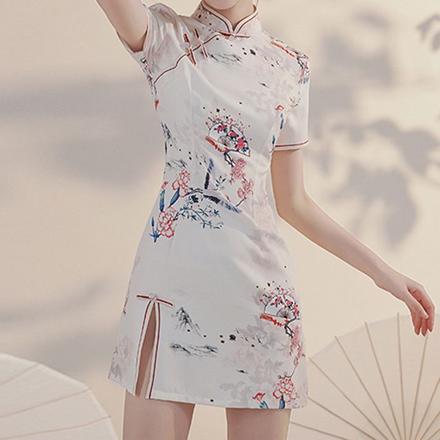 Short-Sleeve Crane Mini Qipao SpreePicky