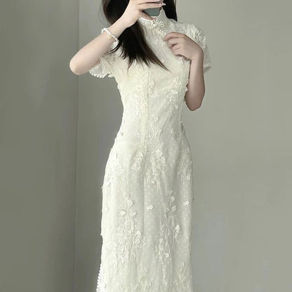 Short-Sleeve Floral Lace Qipao SpreePicky