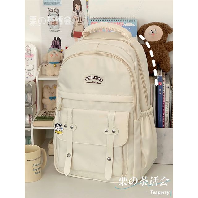 Lettering Label Buckled Flap Laptop Backpack SpreePicky