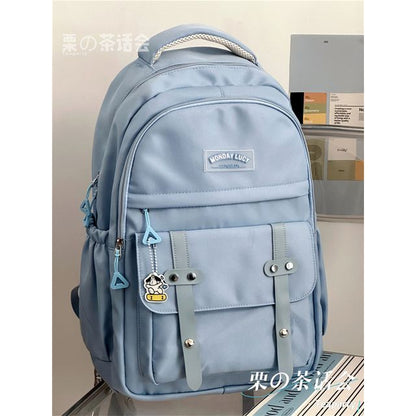 Lettering Label Buckled Flap Laptop Backpack SpreePicky