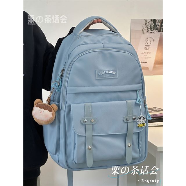 Lettering Label Buckled Flap Laptop Backpack SpreePicky