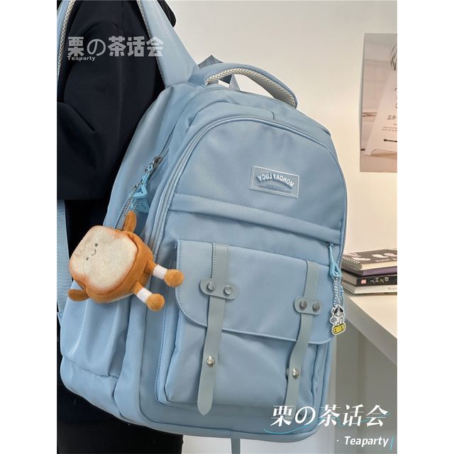 Lettering Label Buckled Flap Laptop Backpack SpreePicky