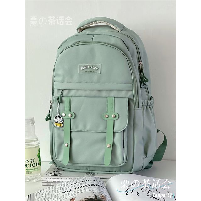 Lettering Label Buckled Flap Laptop Backpack SpreePicky