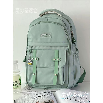 Lettering Label Buckled Flap Laptop Backpack SpreePicky