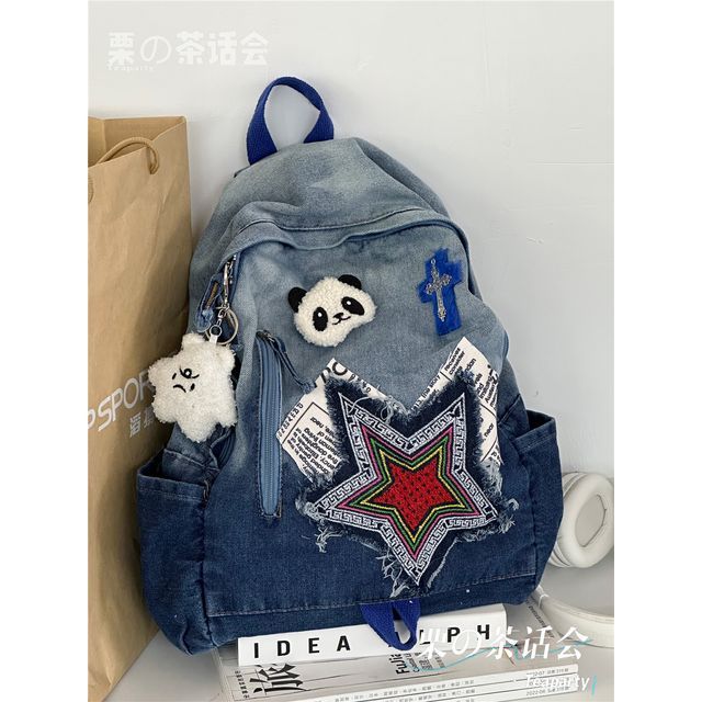 Star Applique Washed Paneled Denim Backpack SpreePicky