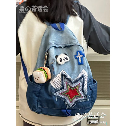 Star Applique Washed Paneled Denim Backpack SpreePicky