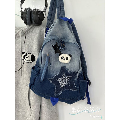 Star Applique Washed Paneled Denim Backpack SpreePicky